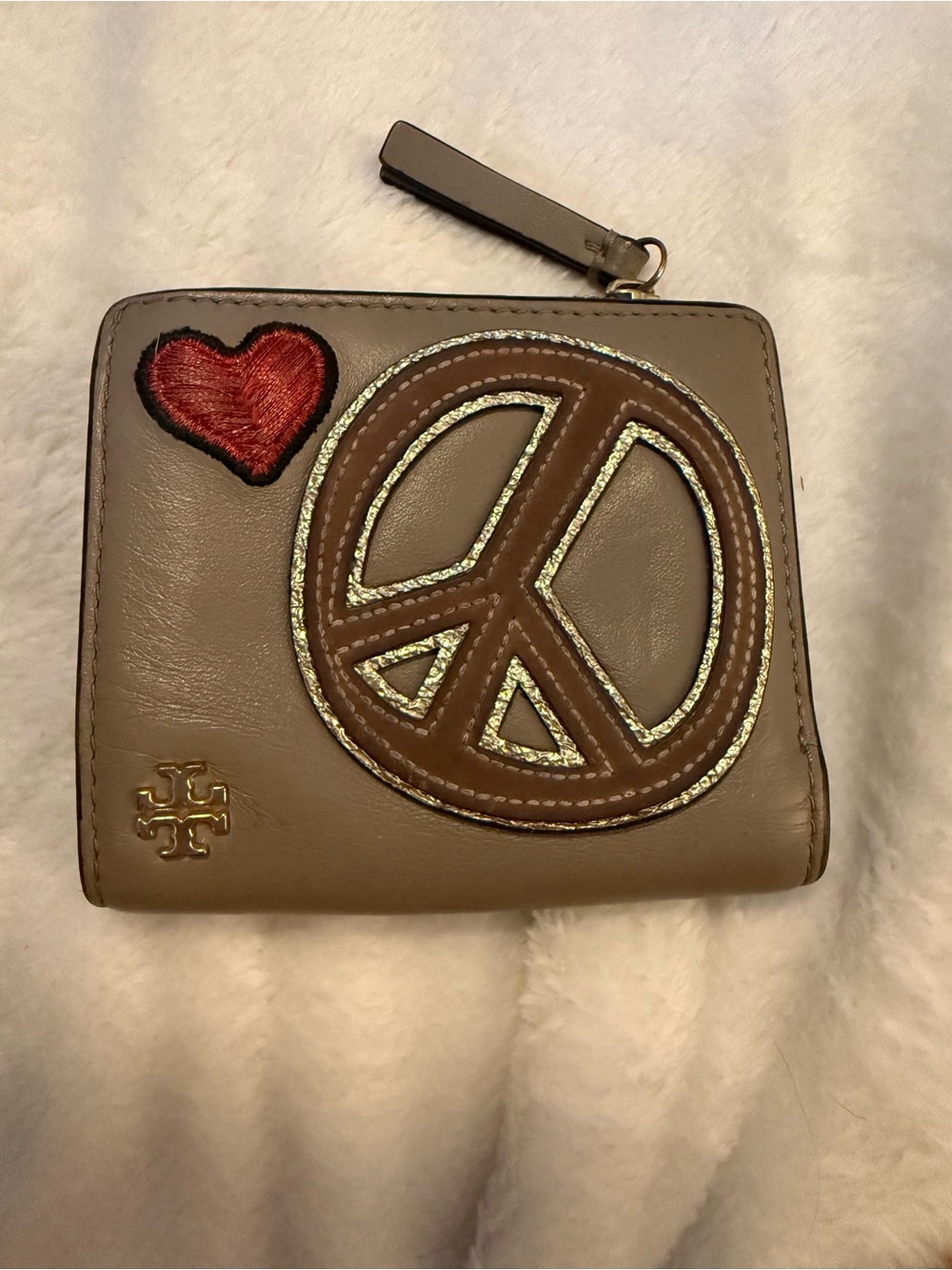Tory Burch Taupe Leather Zip Wallet with Brown Peace Sign & Red Heart Patch